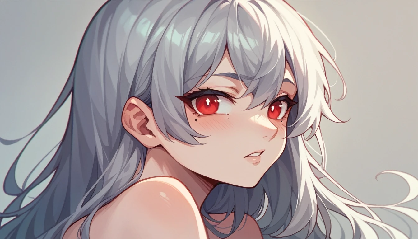 1 teen girl character。whole body、gray hair color、Glowing red eyes、Long Hair、There is a mole under the left eye。The expression is calm、A calm expression that doesn&#39;t show much emotion。No background