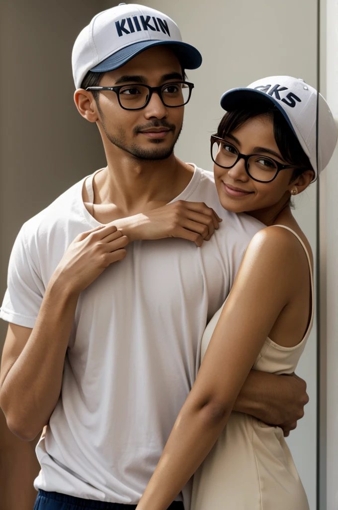 short woman, king, thin and with glasses hugging her boyfriend, high, Delgado, light tan, with glasses and backwards cap.