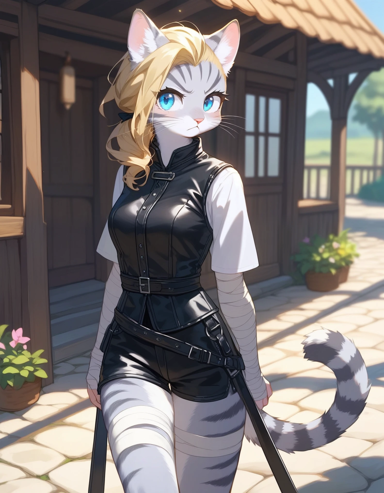 Solo, score_9,score_8_up,score_7_up, source_cartoon, kemono style, kat, Anthro furry feline, female, tall slender body, long blonde hair, long undercut hair, pink nose, blue eyes, white whiskers, silver fur, grey stripes, furry body, wearing black cloth vest, black leather medieval vest, black short shorts, adventuring gear, feet wrapped in bandages, outdoors, standing, pouting 