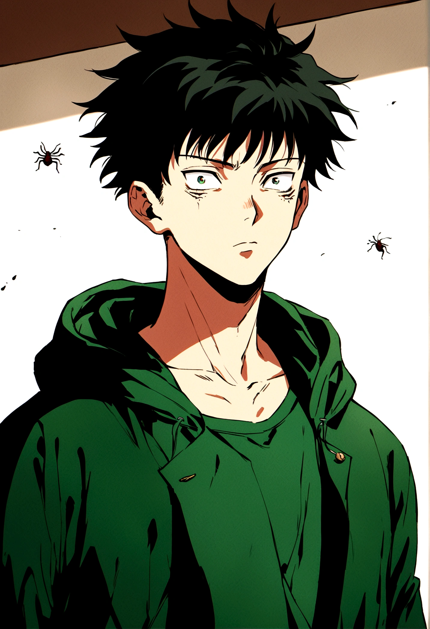 young male, dark short hair, dark green open hoodie, bug theme, eye bags, school background, jujutsu kaisen artstyle
