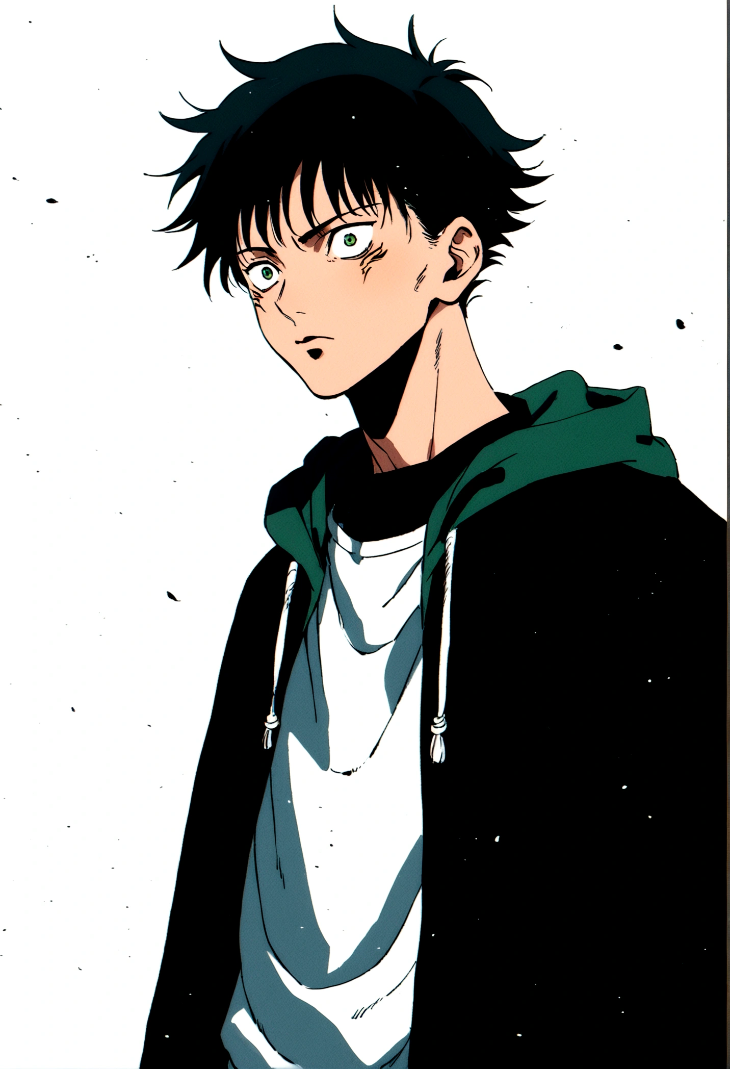 young male, dark short hair, dark green open hoodie, bug theme, eye bags, school background, jujutsu kaisen artstyle