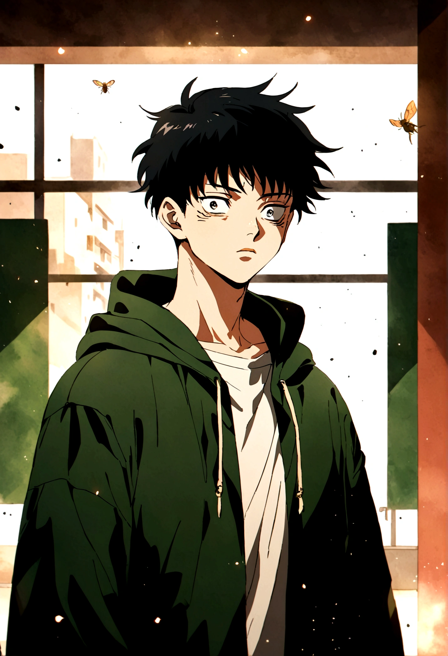young male, dark short hair, dark green open hoodie, bug theme, eye bags, school background, jujutsu kaisen artstyle
