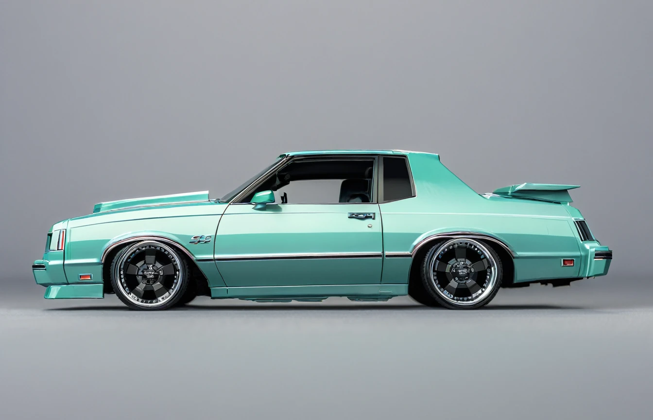  Seafoam green 1986 Chevy monte carlo ss, pop art, cartoonish style ,detailed, illustration, slammed to the ground, large black staggered wheels, wide bodykit, masterpiece, highly detailed ((([simple grey background])))