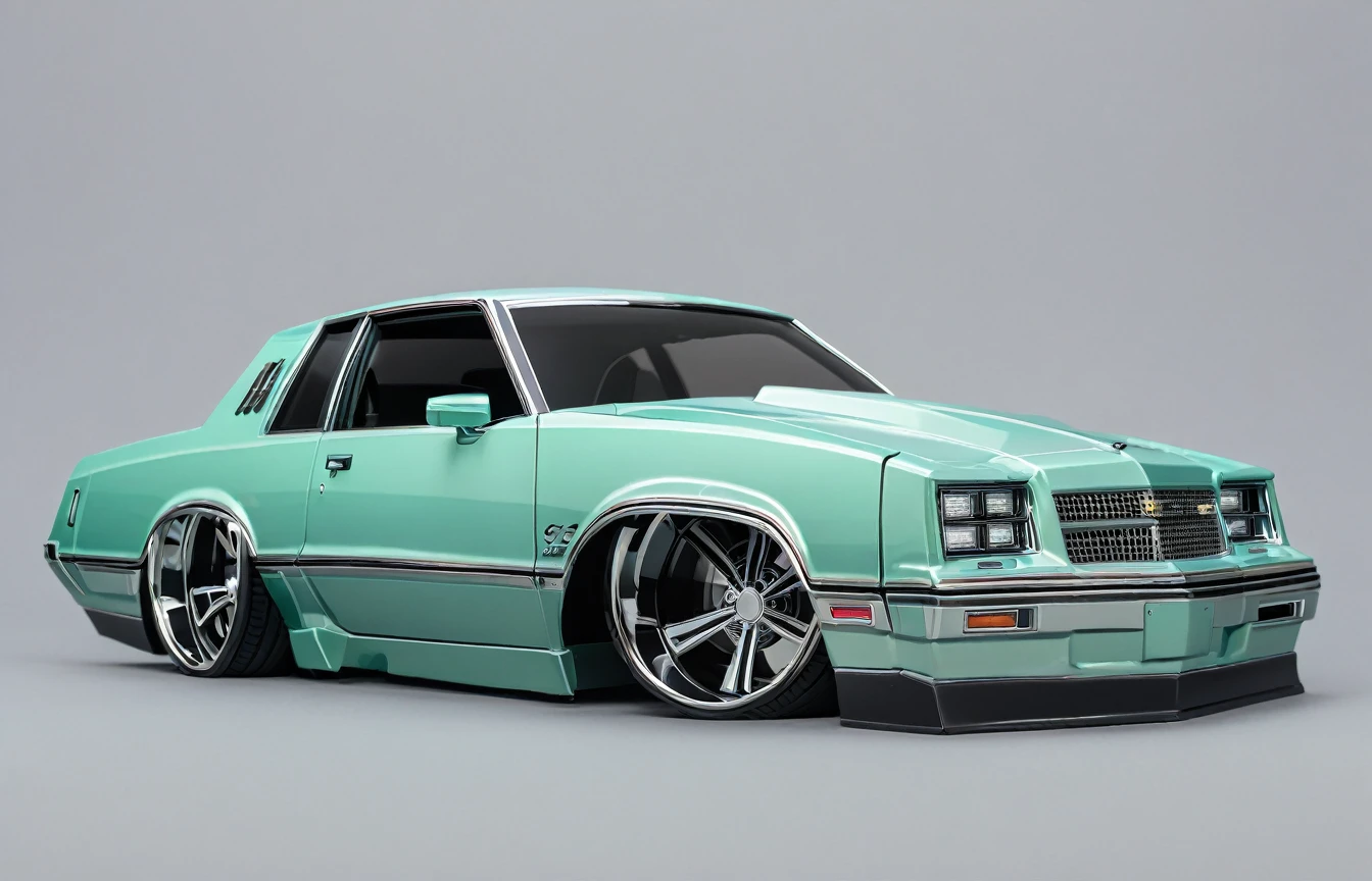  Seafoam green 1986 Chevy monte carlo ss, pop art, cartoonish style ,detailed, illustration, slammed to the ground, large black staggered wheels, wide bodykit, masterpiece, highly detailed ((([simple grey background])))