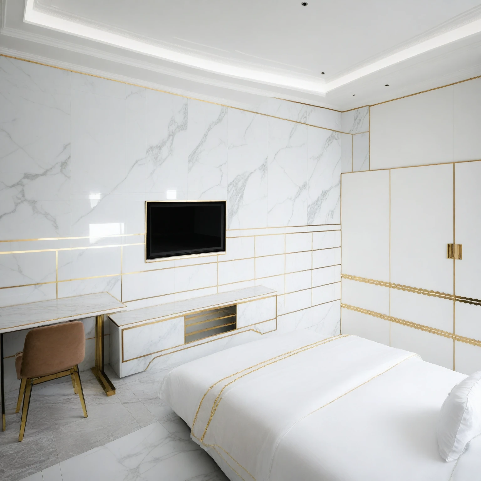 Raw photo,Masterpiece, high quality, best quality, authentic, super detail,
indoors, interior , (( BEDROOM :1.3)), modern style, daylight, (WHITE WALL),luxury, marble tile floor,