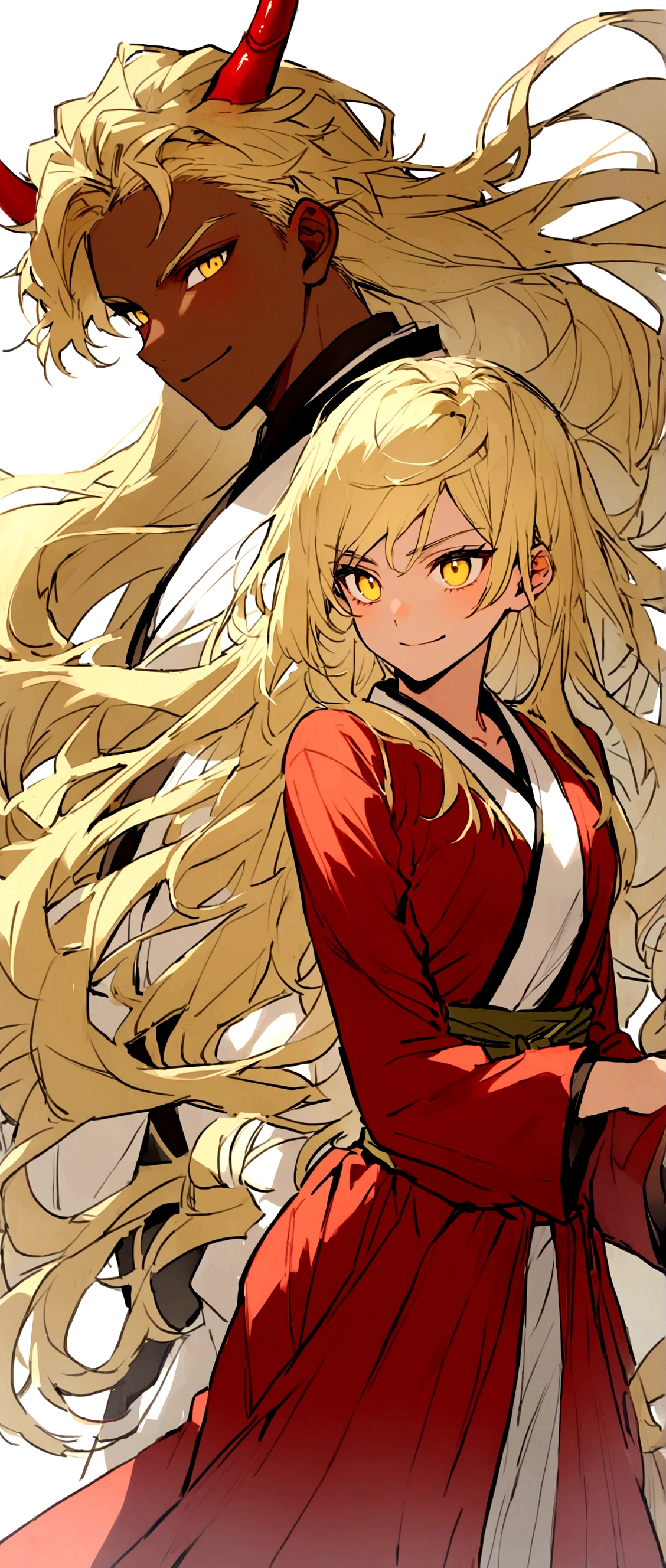 Beautiful young man with blond hair and dark skin, Young Man,20-year-old, Yellow Eyes, Long flowing hair,A single red horn grows from the right side of its head.....,The horn has three bamboo-like nodes..., Wearing traditional Korean clothing, Waist-length flowing hair.Smiling at me with a happy look on her face,