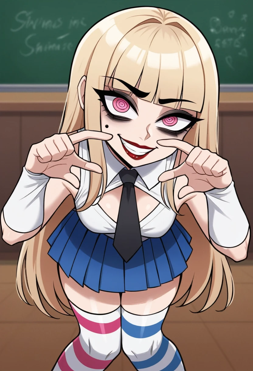 score_9, score_8_up, score_8, (top quality,8k wallpaper),(masterpiece,best quality:1.2), ((source_anime, anime)), 1girl, green eyes, goat pupils, ((very light blonde hair, long hair, straight hair)), fringe bangs, porcelain white skin, geisha makeup, pale skin, small breasts, yandere eyes, crazy smile, wide eyes, jealous, jealousy, very jealous, yandere, sleeveless, blue and white sailor girl top, black tie, black thong straps, ((blue skirt, pleated skirt:1.2)), red and white striped thigh highs, striped thigh highs,, midriff, thong, asymmetrical thigh highs, ((white arm warmers)), standing, classroom, black eyebrows, indoors, bedroom, girly, feminine, egirlthot, standing, obsessive, ((lipstick)), black mascara, black eyeliner, pink eyes, white powdered face, very white face, Goth girl, egirlthot, heart fingers, large eyes, beauty mark, ((super crazy eyes, very wide eyes, insane)), giggling, laughing, leaning forward, head tilt, one eye partially closed, s1z3d1ff_t4lk, taller girl, standing, legs straight, bent forwards, arched back, hands on knees, cleavage, breasts squished between arms, [[from below]:0.5], pov, eye contact, in a bedroom, simple background,