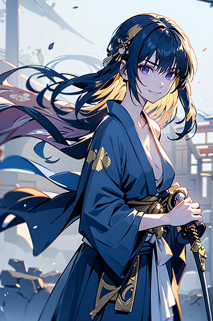roll up bandage on a chest tightly to cover the chest without gaps under kimomo, Japanese Gangster BOSS, adult woman with the dignified presence, Killing Qi, wear the kimono, ((kimono come off)) ,wear the kimono multiple times, Bare shoulders and the clavicle, black and gold kimono, put on over jacket of kimono, holding a japanese sword which shine in purple, long sword, eye fire, low angle, whole body, bandage is seen, anime character, inappropriate smile, off sholder, nappropriate smile, Excellent, black blue hair, can see both shoulder