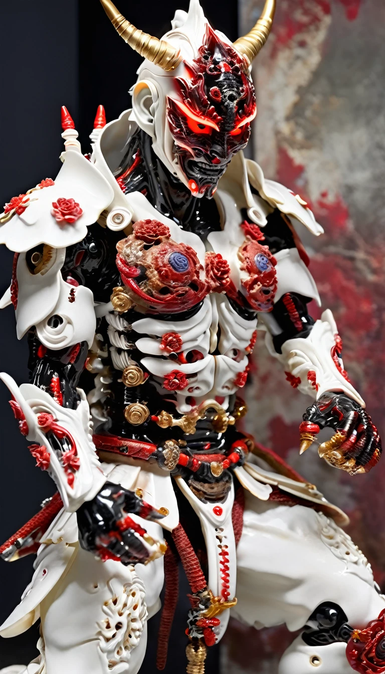 １３century、A white cyborg samurai-like creature wearing a Hannya mask.、Shining eyes、 Kneel on one knee、(Black and Red)、FW Murano Style, An explosion of vibrant colors, Incredibly detailed, dark, Key Visual, in the air, Very realistic, Attention to detail and texture, Ray Tracing