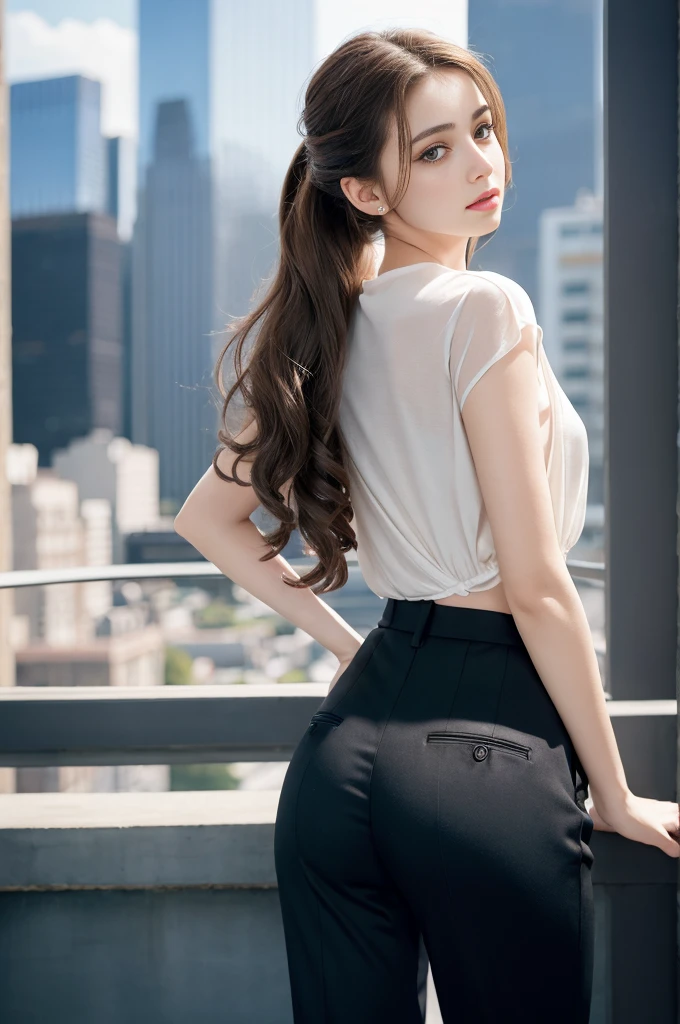 [[[Ultra Detail]]], [[[realistic]]], [[[depth of field]]], full body, back, head tilt, incredibly detailed, longuette, 1 girls, 30 years old, very long hair, curly hair, high ponytail, light brown hair, beatiful detailed hair, Perfect face, Delicate arms and hands, slim legs, white skin, piercing, oversized clothes, large top sleeves, black trousers, open clothes, cityscape, delicate background, blurry background, an extremely delicate and beautiful, [[[wallpaper 8k CG]]], [[[best quality]]], [[[best masterpiece]]],Ukrainian、Baby Face