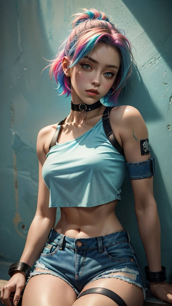 masterpiece, best quality, 1girl, solo, crop top, denim shorts, choker, arms behind back, against wall, looking at viewer, armband, thigh strap, paint on body, head tilt, bored, multicolored hair, aqua eyes