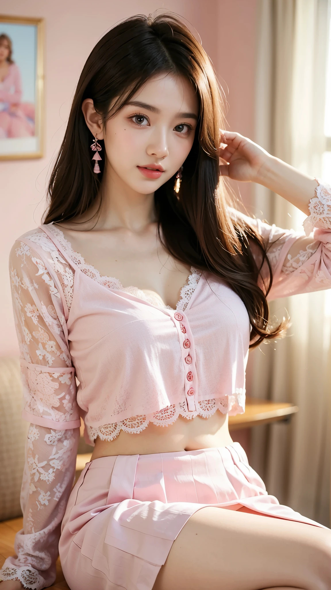 (A lace outfit with a wide open chest),(Wearing a sexy pink pastel-colored lace pajamas so thin that you can see your breasts.),((best quality, 8 thousand, masterpiece: 1.3)), ( Casual and cute hairstyle: 1.2), : 1.1, a charismatic face, detailed eyes, double eyelid, Earrings included, bedroom, light makeup,smiling brightly,open shirt, white panties,Shooting from the side,black pleated skirt,