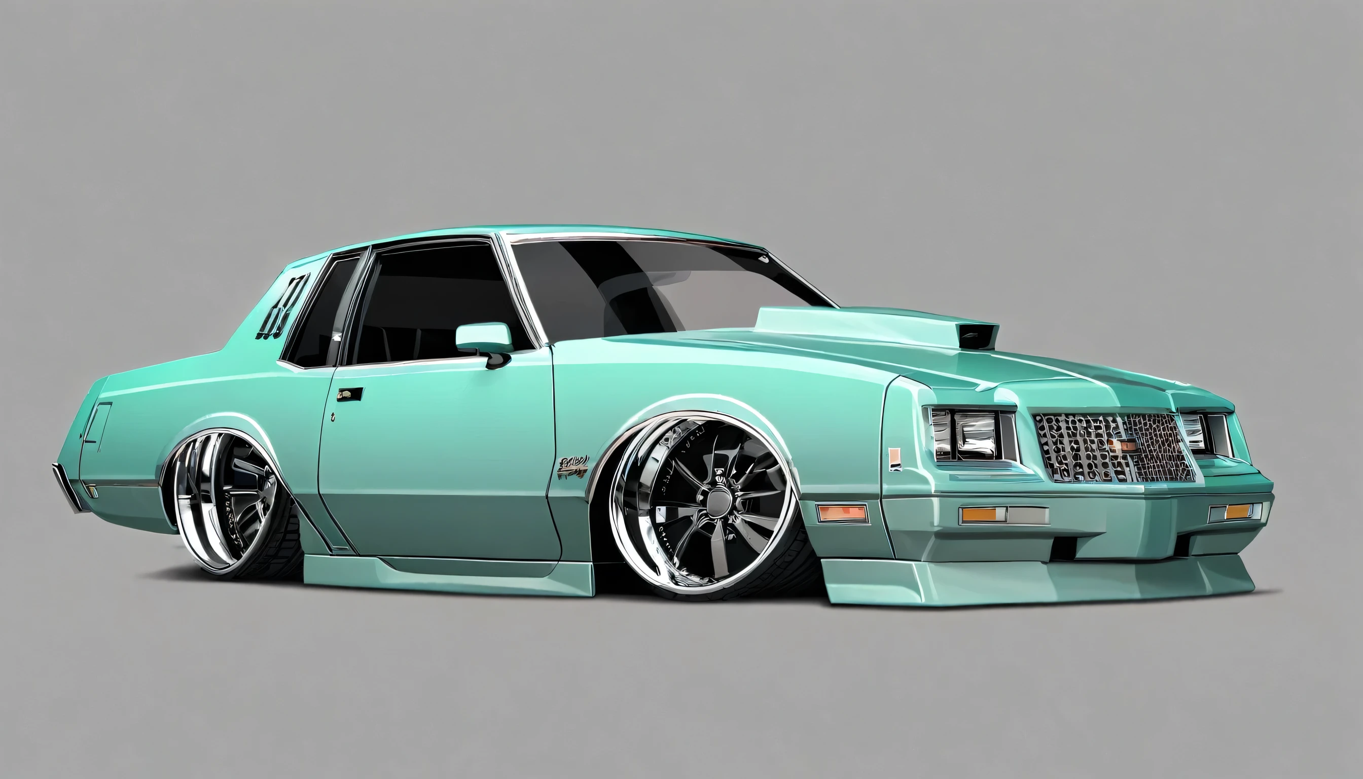  Seafoam green 1986 Chevy monte carlo ss, pop art, cartoonish style ,detailed, illustration, slammed to the ground, large black staggered wheels, wide bodykit, masterpiece, highly detailed ((([simple grey background])))