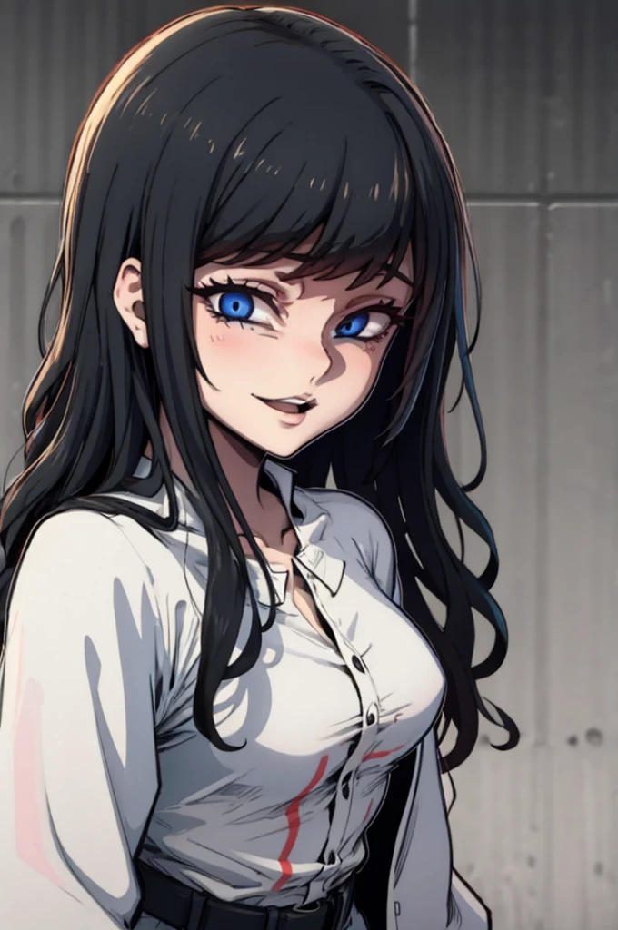 edgGesugao facial expression, curvy blue eyed girl with long wavy black hair and small breasts