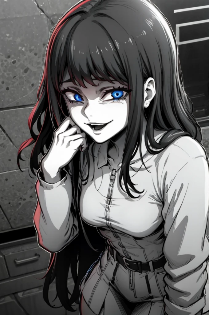 edgGesugao facial expression, curvy blue eyed girl with long wavy black hair and small breasts
