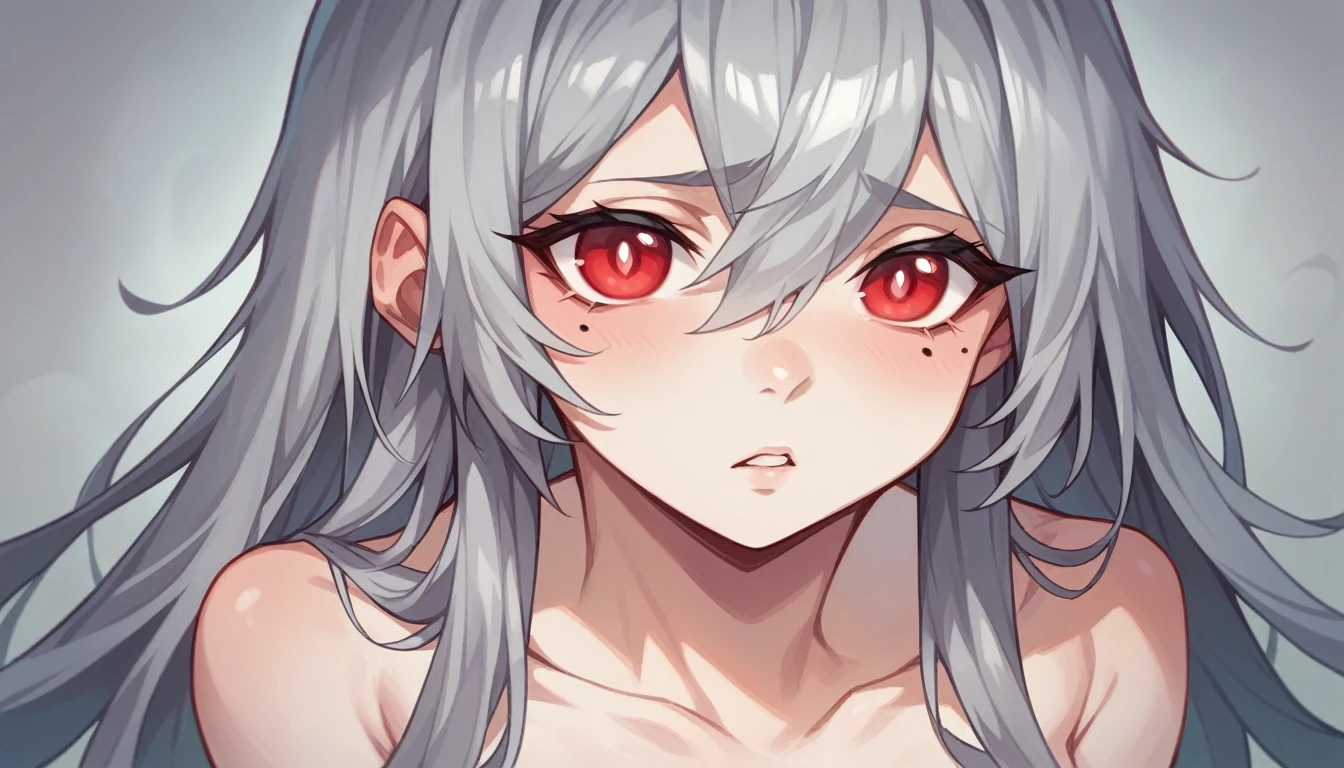 1 girl character。whole body、gray hair color、Glowing red eyes、Long Hair、There is a mole under the left eye。The expression is calm、A calm expression that doesn't show much emotion、、On a transparent background、Depict people only。