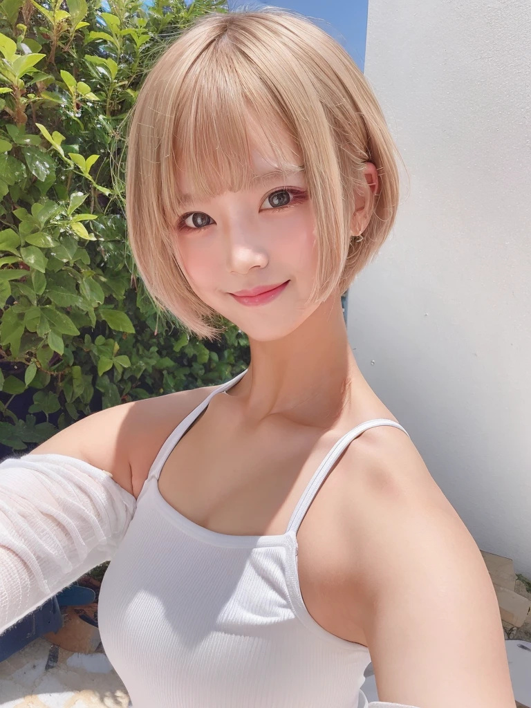 Cute Girls　Blonde short hair upper body　smile　bright　Summer clothes, selfie, diagonally above, head, shoulders