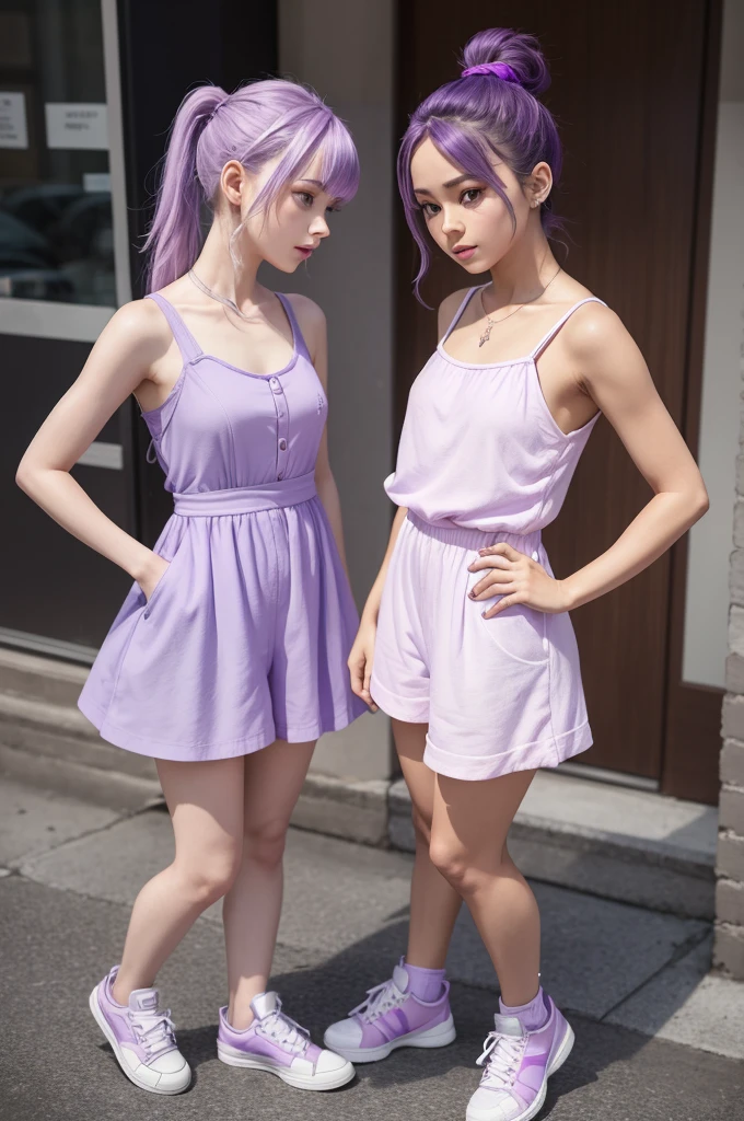 A 3d character,very low,lilac skin color,with purple hair tied in a messy ponytail,similar to the characters from amusingly,who wears a purple dress,pink and white romper, who wears purple all star sneakers