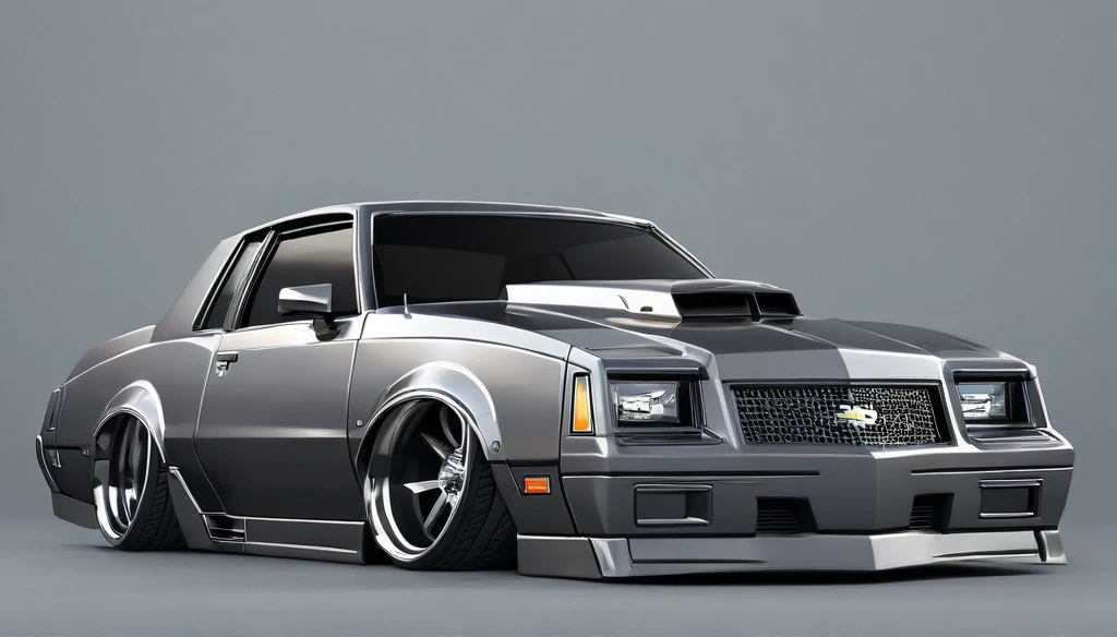 Destroyer grey 1986 Chevy monte carlo ss, pop art, cartoonish style ,detailed, illustration, slammed to the ground, large black staggered wheels, wide bodykit, masterpiece, highly detailed ((([simple grey background])))