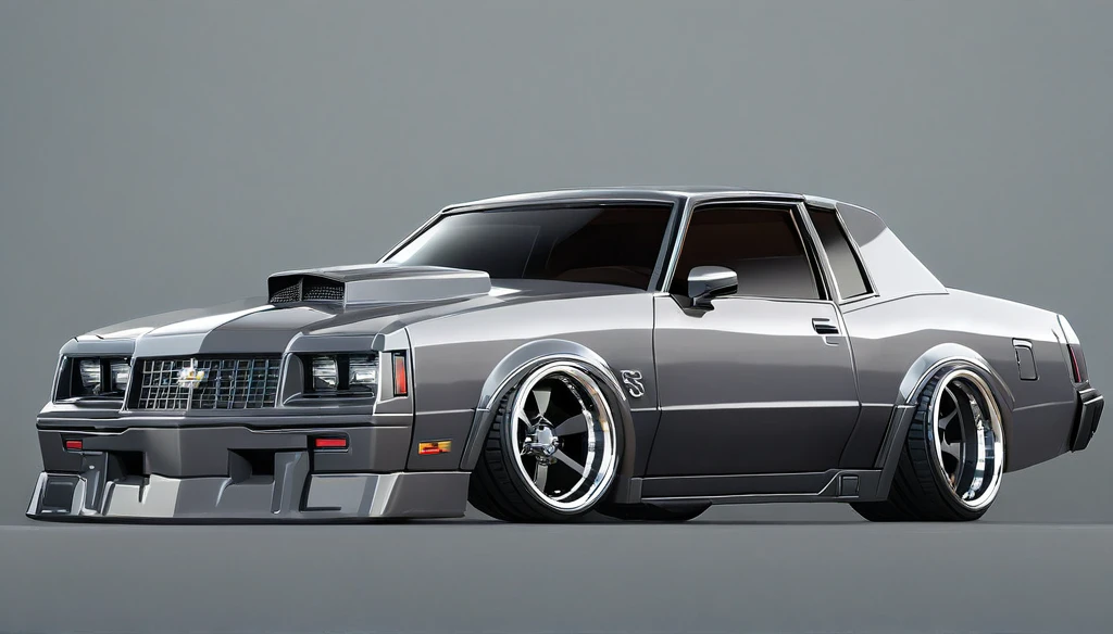 Destroyer grey 1986 Chevy monte carlo ss, pop art, cartoonish style ,detailed, illustration, slammed to the ground, large black staggered wheels, wide bodykit, masterpiece, highly detailed ((([simple grey background])))