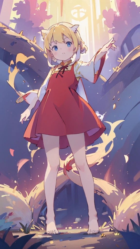 ((masterpiece))((Highest quality))Standing upright、Blonde、(Long twin tails)(So that your whole body can be seen)、Directly in front、No background、(Put your feet on the ground)low length、、Flat Chest、Are thin、Red dress、