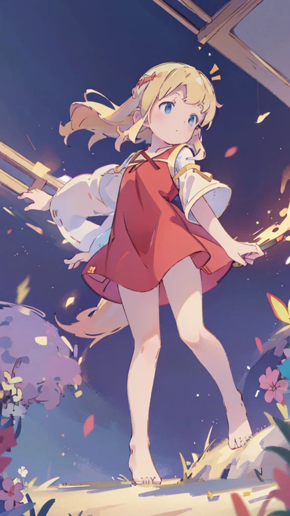 ((masterpiece))((Highest quality))Standing upright、Blonde、(Long twin tails)(So that your whole body can be seen)、Directly in front、No background、(Put your feet on the ground)low length、、Flat Chest、Are thin、Red dress、