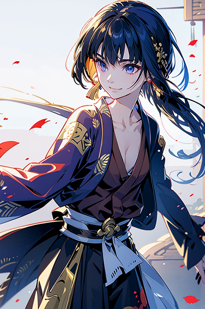 roll up bandage on a  chest tightly to cover the chest without gaps under kimomo, Japanese Gangster BOSS, adult woman with the dignified presence, Killing Qi, wear the kimono, ((kimono come off)) ,wear the kimono multiple times, Bare shoulders and the clavicle, black and gold kimono, put on over jacket of kimono, holding a japanese sword which shine in purple, long sword, eye fire, low angle, whole body, bandage is seen, anime character, inappropriate smile, off sholder, nappropriate smile, Excellent, black blue hair, can see both shoulder