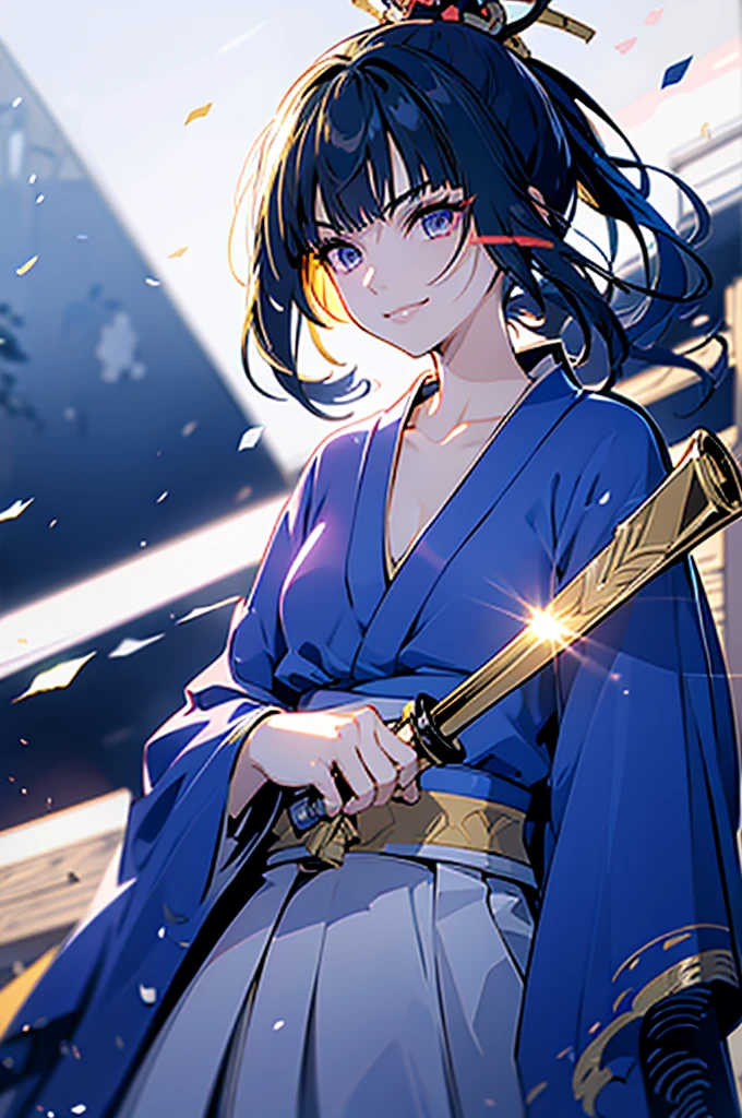 roll up bandage on a chest tightly to cover the chest without gaps under kimomo, Japanese Gangster BOSS, adult woman with the dignified presence, Killing Qi, wear the kimono, ((kimono come off)) ,wear the kimono multiple times, Bare shoulders and the clavicle, black and gold kimono, put on over jacket of kimono, holding a japanese sword which shine in purple, long sword, eye fire, low angle, whole body, bandage is seen, anime character, inappropriate smile, off sholder, nappropriate smile, Excellent, black blue hair, can see both shoulder