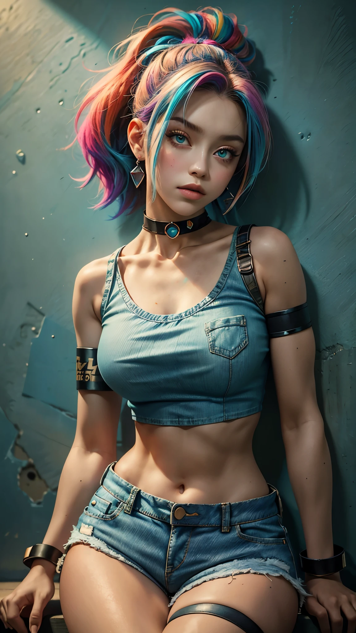 masterpiece, best quality, 1girl, solo, crop top, denim shorts, choker, arms behind back, against wall, looking at viewer, armband, thigh strap, paint on body, head tilt, bored, multicolored hair, aqua eyes