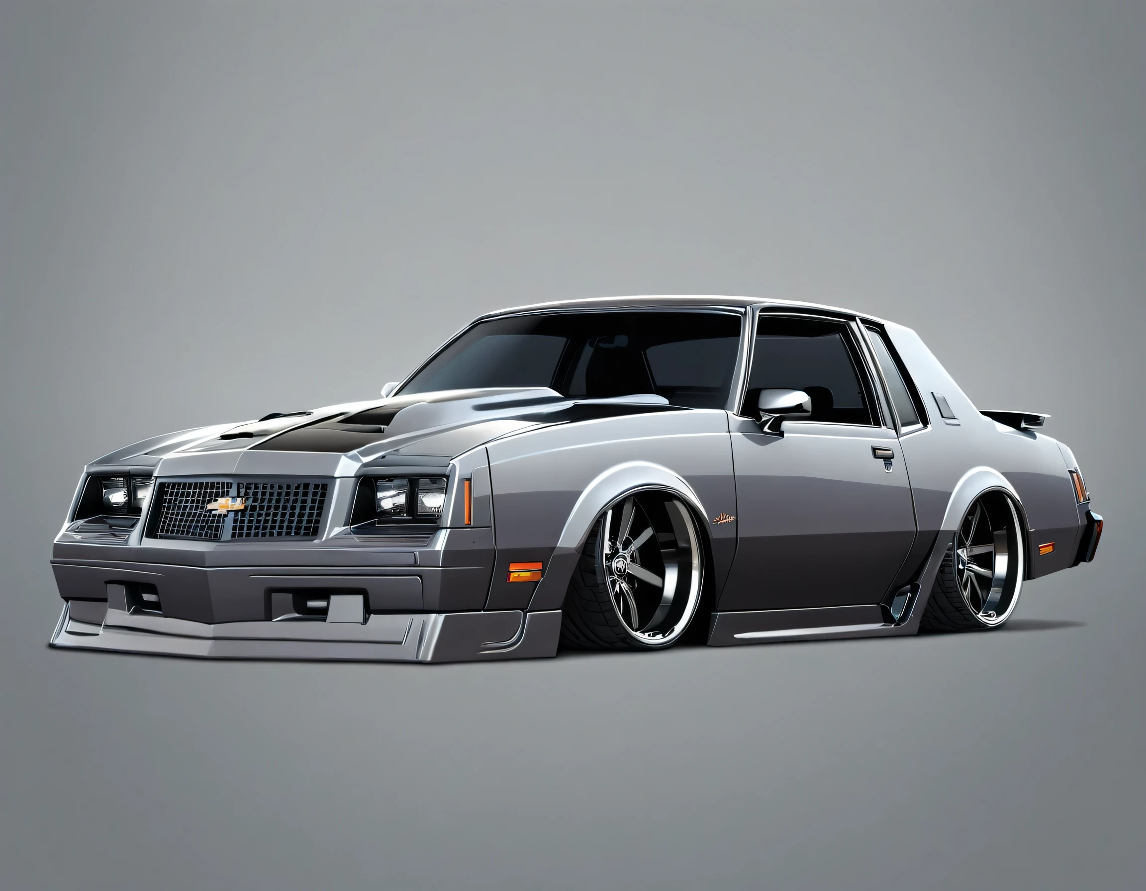  1986 Chevy monte carlo ss, pop art, cartoonish style ,detailed, illustration, slammed to the ground, large black staggered wheels, wide bodykit, masterpiece, highly detailed ((([simple grey background])))