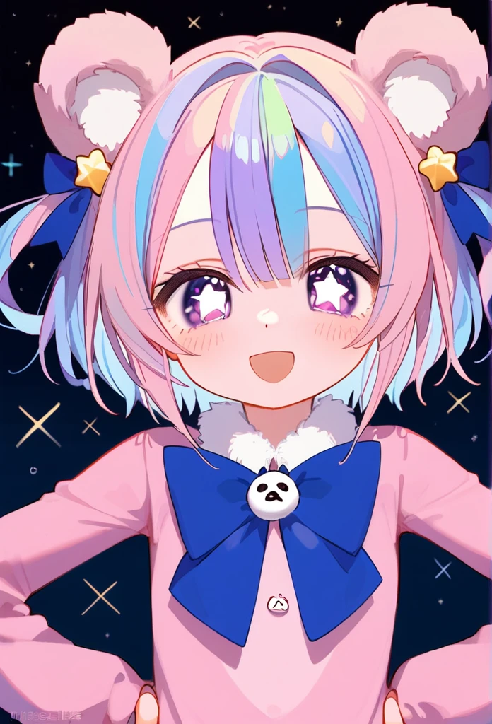 masterpiece, best quality, upper body, score_9,pastel multicolor hair, purple eyes, tiny bear ears, bear ears,pastel rainbow hair, star shaped eyes, proud smile, cute,1girl, hands on hips pose,blue bow on neck,space buns,star shaped eyes, blue bow on neck,fluffy pink skirt,bear ears, star hairties, purple eyes,close-up,dressy kawaii top,close up