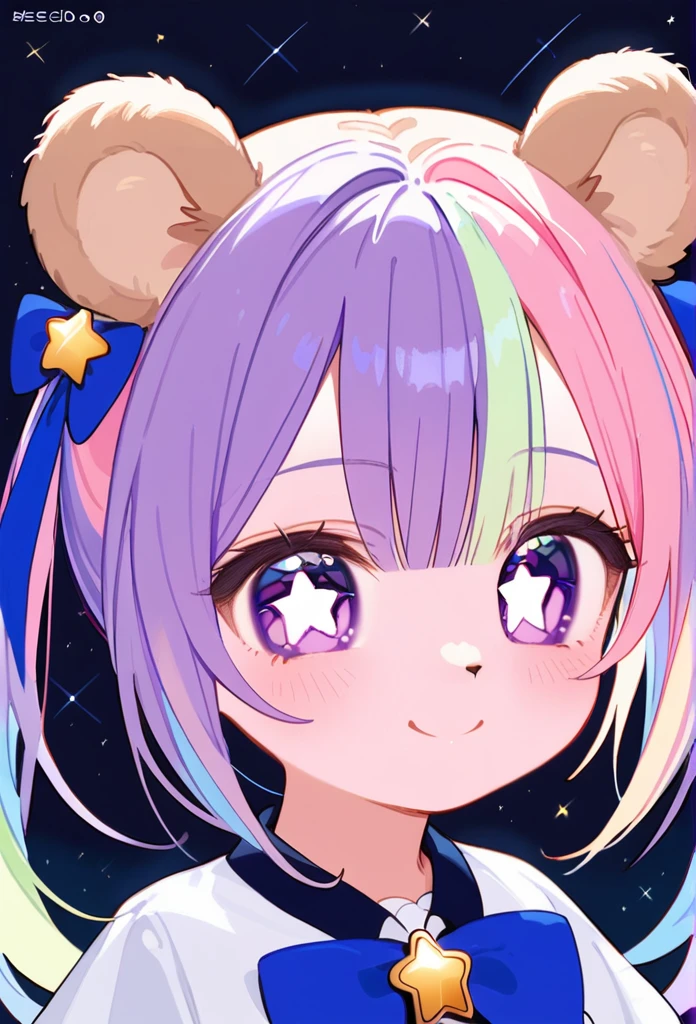 masterpiece, best quality, upper body, score_9,pastel multicolor hair, purple eyes, tiny bear ears, bear ears,pastel rainbow hair, star shaped eyes, proud smile, cute,1girl, hands on hips pose,blue bow on neck,space buns,star shaped eyes, blue bow on neck,fluffy pink skirt,bear ears, star hairties, purple eyes,close-up,dressy kawaii top,close up