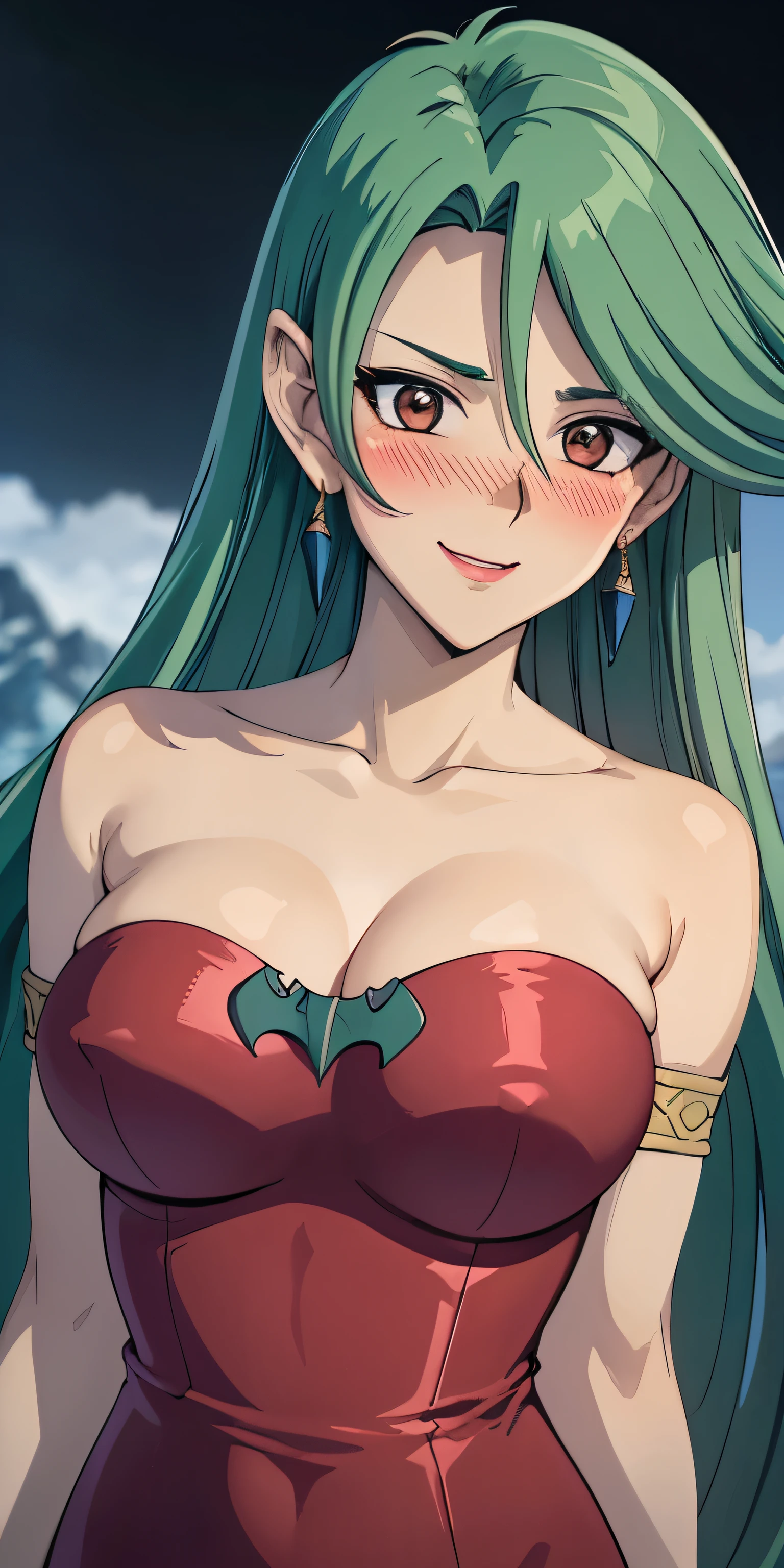 1 Female,High definition,high resolution,Ultra-realistic,8K, Camula, 1girl, solo,clear skin, long red dress, armlets,clear skin, evil smile,European,sexy,Upper body close-up,Photographed from the front,Dynamic Angles,private teacher,(blush:1.3), big tits, (nipples) ,show ,4k, high resolution, detailed face,((upper body))