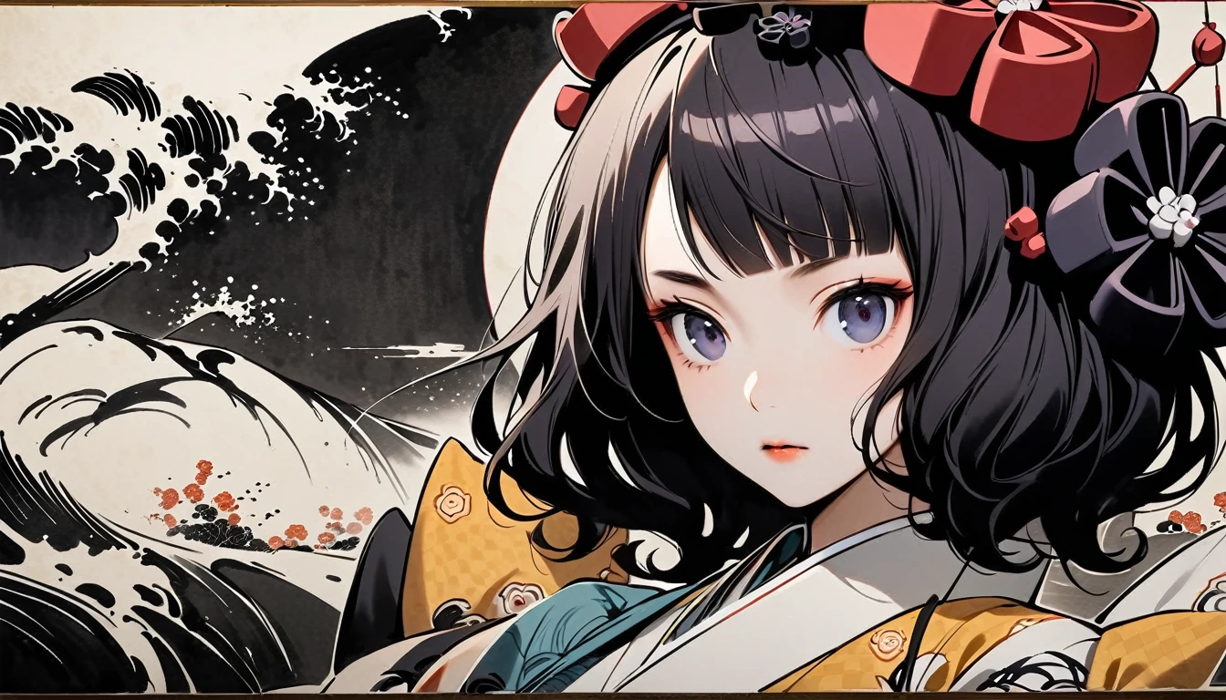 (((Katsushika Hokusai))), (((Ink Painting))), ((very straight longhair)), ((1 girl)), ((android)), Japanese style headphones, Black Hair, Delicate and precise, Modern ukiyo-e style, Frontal face