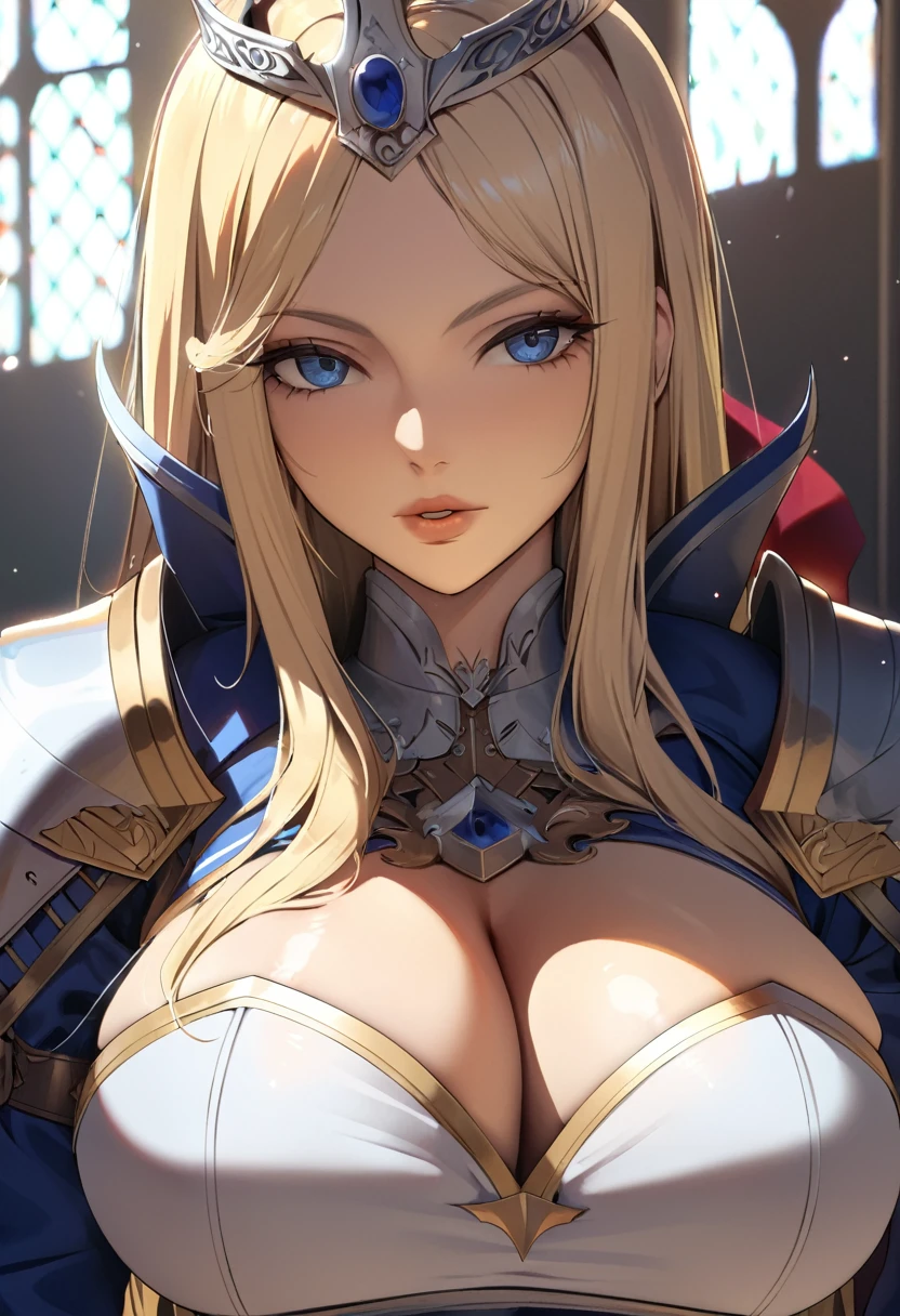 1 woman, medieval, queen, Caucasian, light skin, blue eyes, plump lips, absolutely beautiful face, large breasts, cleavage, wide hips, elegant armour chestplate, heavy cleavage, straight blonde hair, detailed skin, skin detail, (best quality,4k,8k,highres,masterpiece:1.2),ultra-detailed,dramatic lighting,