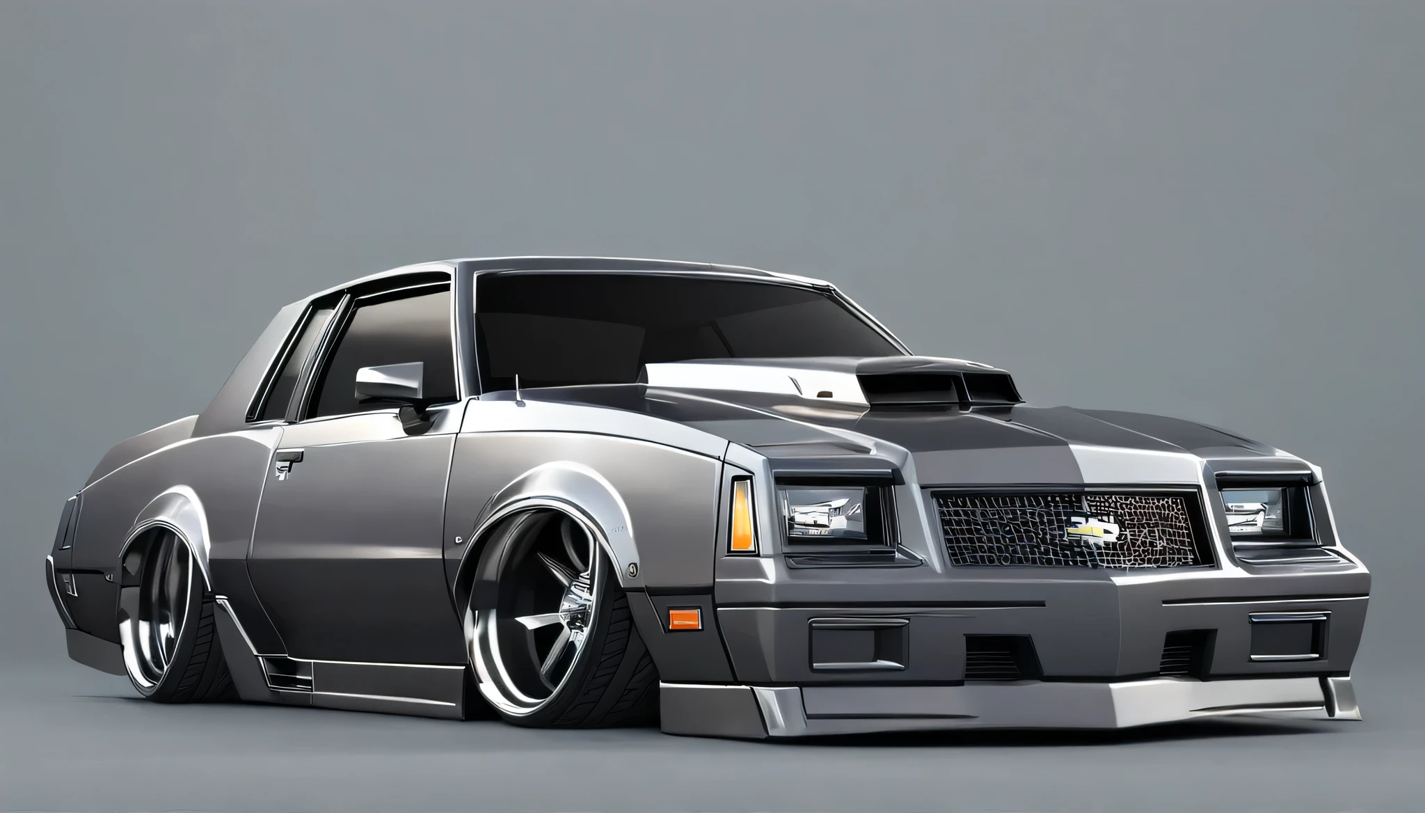 Destroyer grey 1986 Chevy monte carlo ss, pop art, cartoonish style ,detailed, illustration, slammed to the ground, large black staggered wheels, wide bodykit, masterpiece, highly detailed ((([simple grey background])))