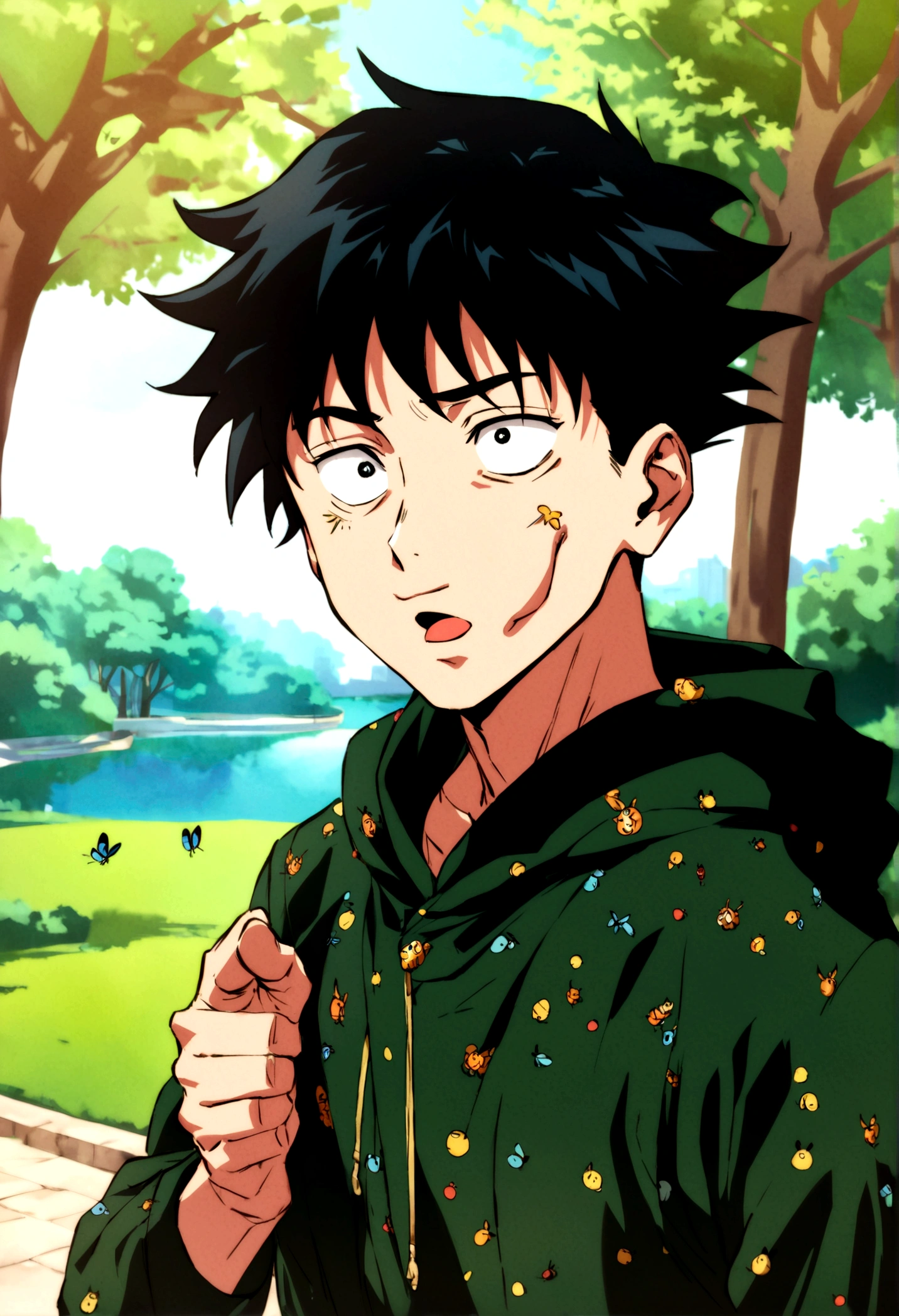 young male, dark short hair, dark green open hoodie, bug theme, eye bags, park background, jujutsu kaisen artstyle, goofy, silly, friendly