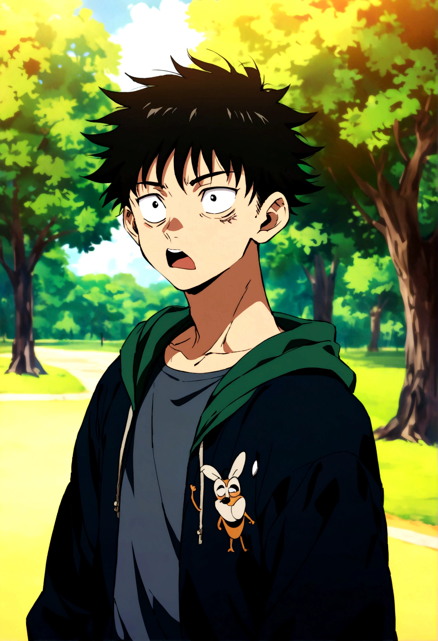 young male, dark short hair, dark green open hoodie, bug theme, eye bags, park background, jujutsu kaisen artstyle, goofy, silly, friendly