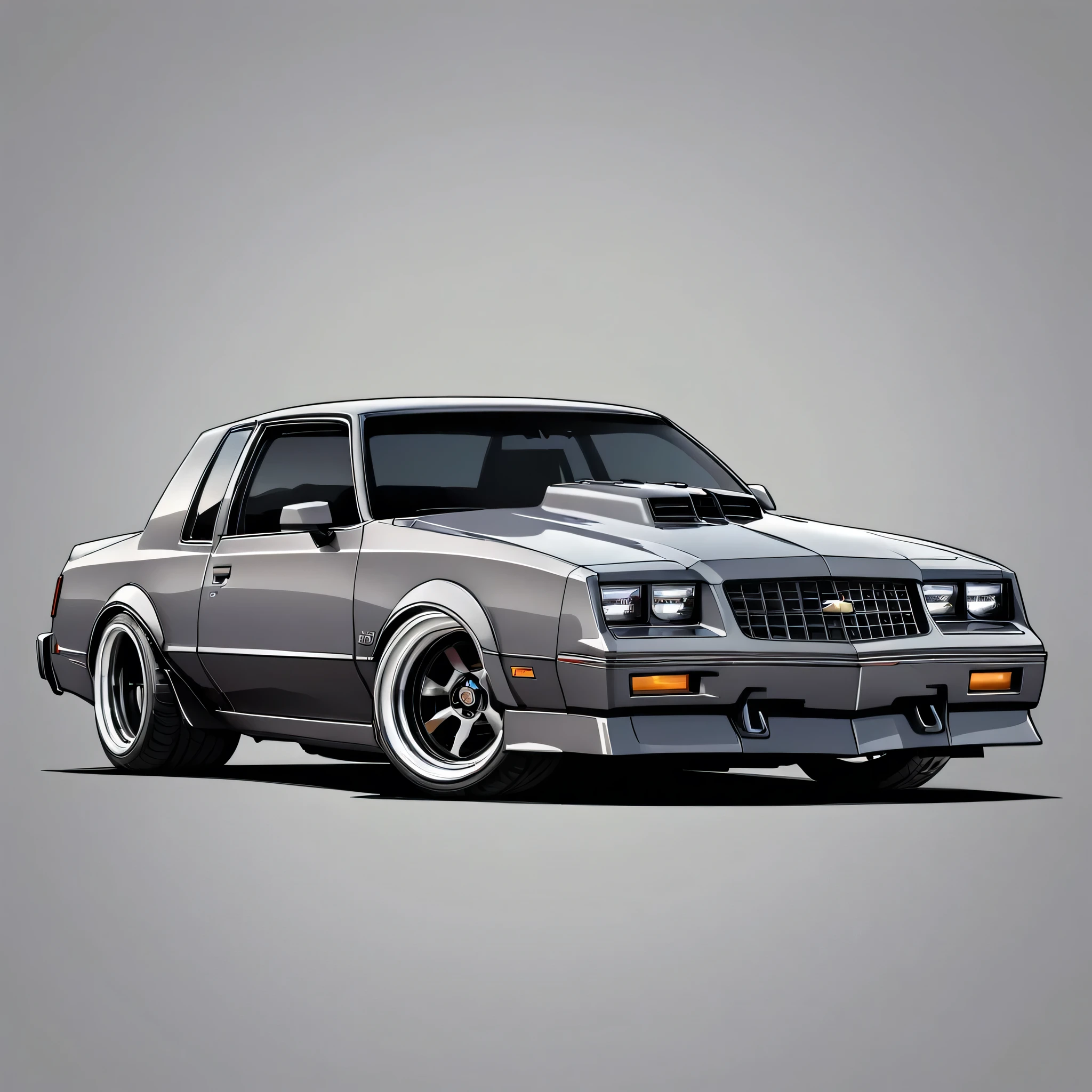  1986 Chevy monte carlo ss, pop art, cartoonish style ,detailed, illustration, slammed to the ground, large black staggered wheels, wide bodykit, masterpiece, highly detailed ((([simple grey background])))