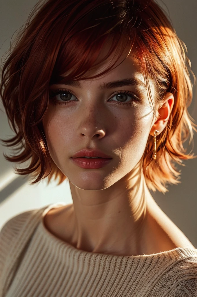 Instagram Photos, French woman, 21 years old, square hair cut,Redhead, Close-up portrait, sweater, Neckline, pale, Sharp Shadow