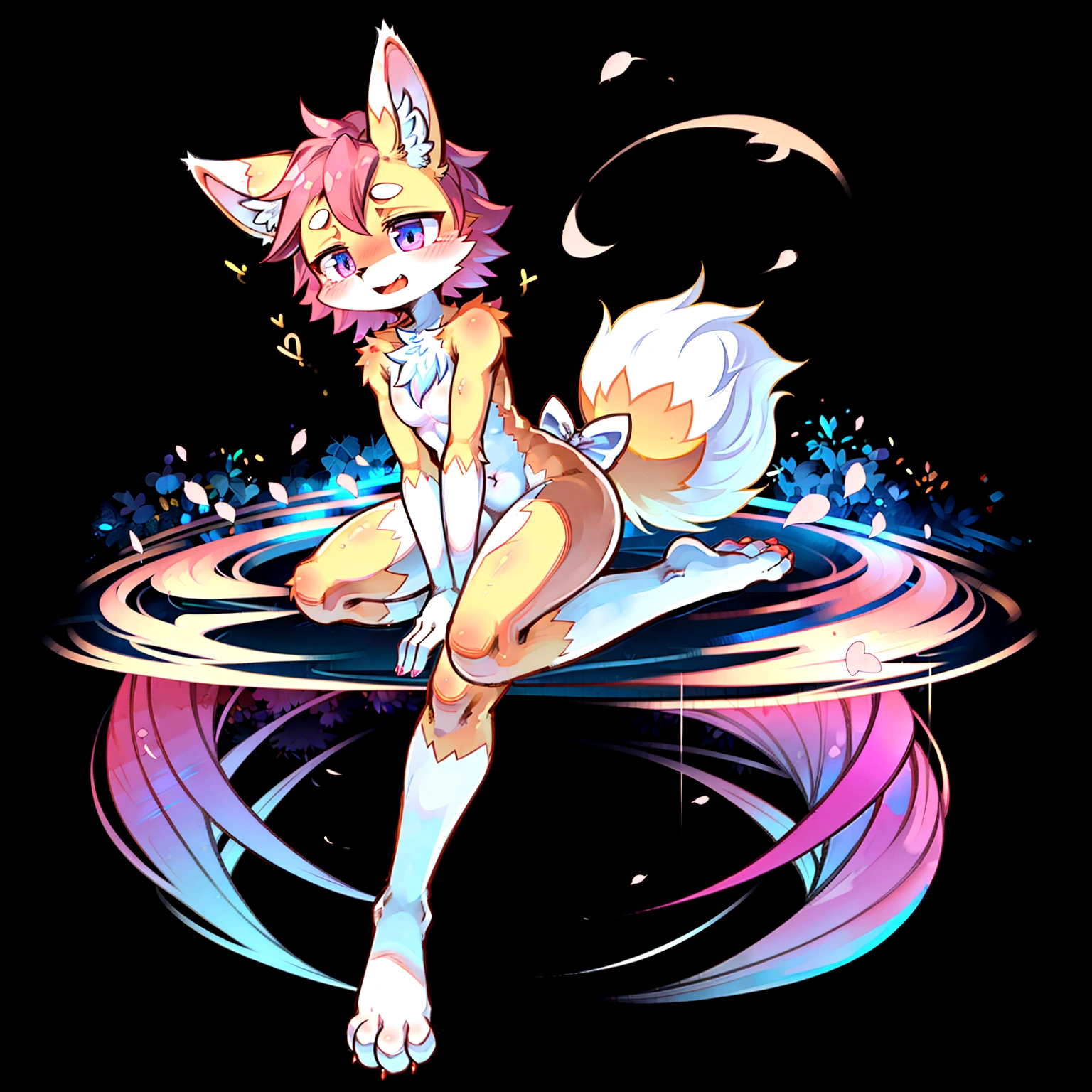 cinderace,solo,furry,open_mouth,animal_ears,blush,rabbit_earswave, koi fish, anime artstyle, wide view, fluffy. yellow fox, marking under the eyes, crystal antler ,violet eyes, wearing bandanna, flower petals, Ambient light,Ultra-fine fur,volumettic light,natural lightting,fox tail,nevando,35mm。High quality, high detal, Best quality, hyper HD,individual,Single