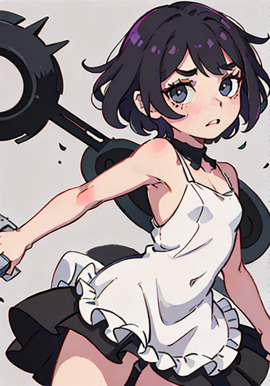 image of entire body, best quality, flat chested, flat stomach, tiny body, small stature, high quality image of an anime-style gothic girl, the girl has a very thin body, the girl has short legs, fine and thin face, her face is sad, the girl has white skin, small black bow on the upper right corner of his head, the girl has very small , The girl is slightly blushing, straight bangs cover her eyebrows, the girl has little human ears, the girl has white hair, the girl has short hair, the girl is posing sexy, the girl is wearing a sexy black tight maid dress with pink ruffles, the girl's eyes are bright red, the girl are holding a bloody chainsaw, the girl has very marked black eyeliner, The background of the image is a night garden with tombs, 