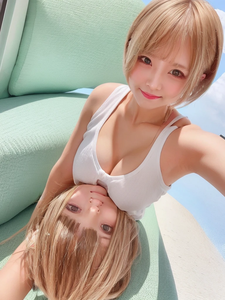 Cute Girls　Blonde short hair upper body　smile　bright　Summer clothes, selfie, diagonally above, head 