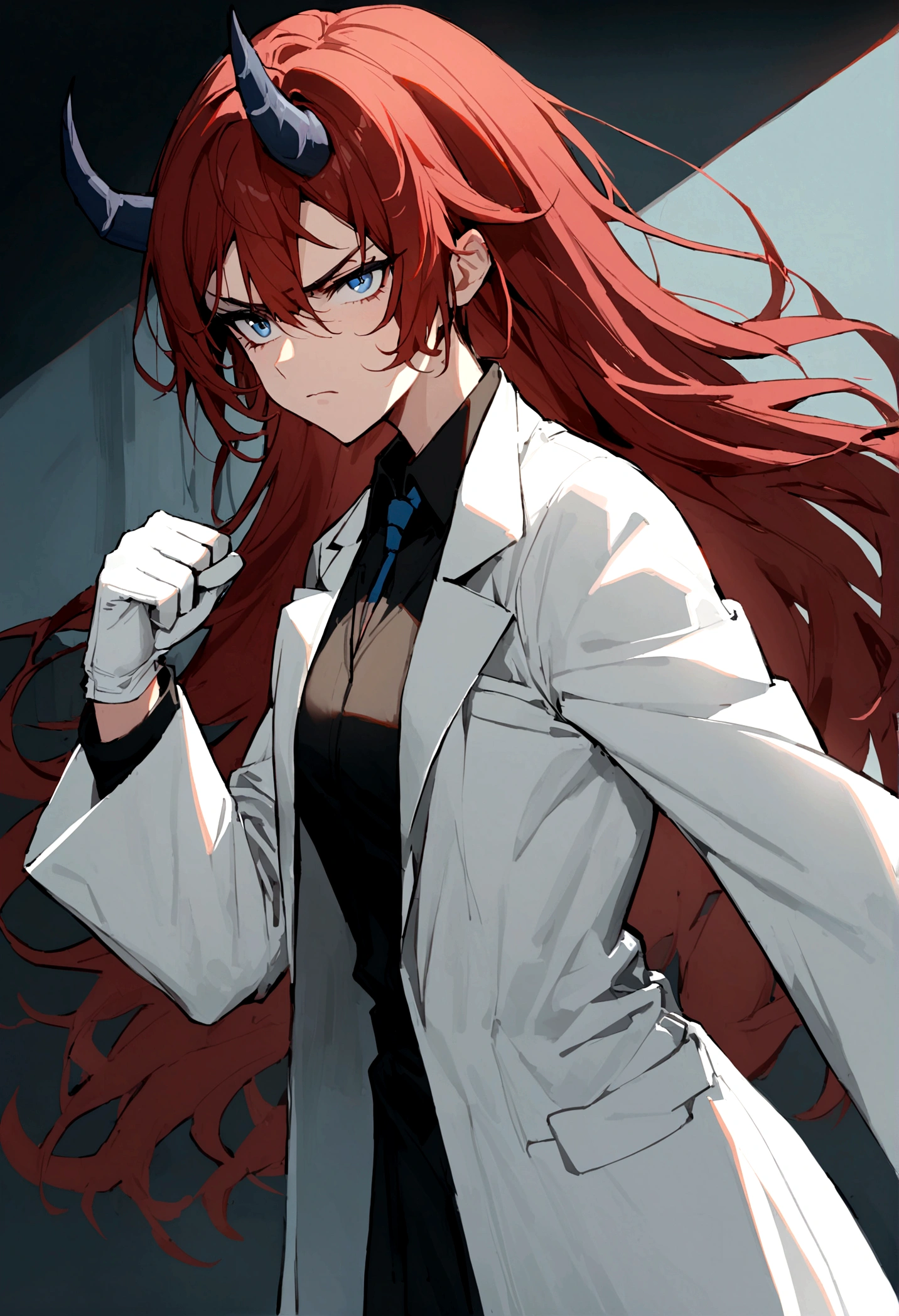 1dirl, white lab coat, lab coat, white glove, dark hair, red hair, long hair, blue Eyes, small horn, serious face
