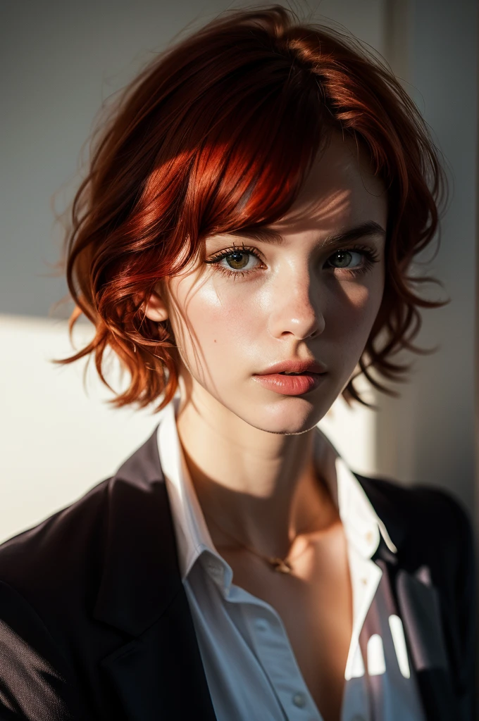 Instagram Photos, French woman, 21 years old, square hair cut,Redhead, Close-up portrait, Jacket,shirt, Neckline, pale, Sharp Shadow