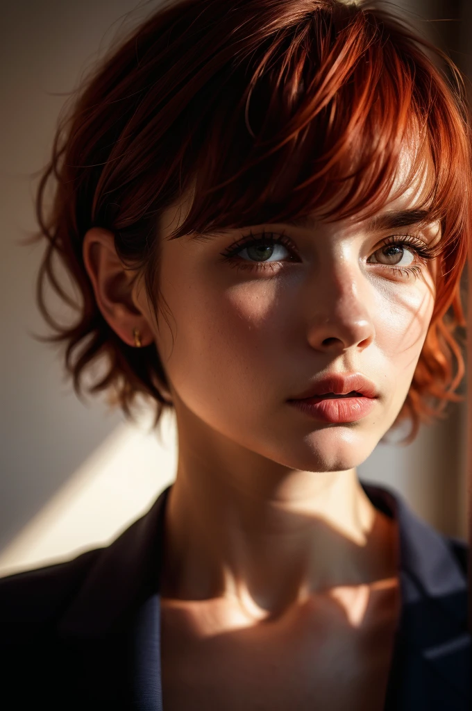 Instagram Photos, French woman, 21 years old, square hair cut,Redhead, Close-up portrait, Jacket,shirt, Neckline, pale, Sharp Shadow