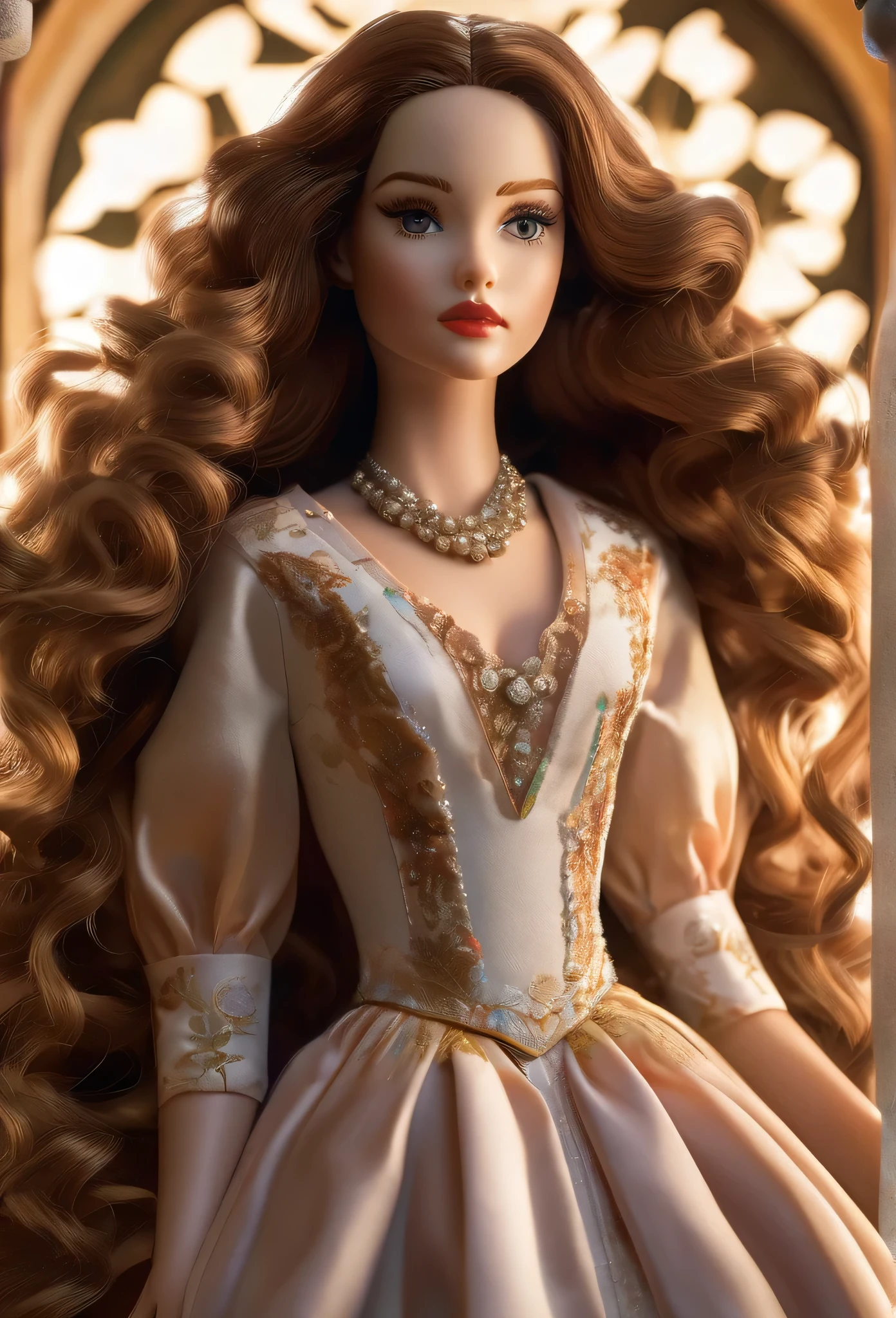 A beautiful doll with long, curly hair flowing below her waist, detailed facial features, elegant dress, porcelain skin, whimsical expression, soft lighting, intricate details, highly detailed, photorealistic, 8k, best quality, masterpiece, cinematic lighting, dramatic shadows, warm color palette