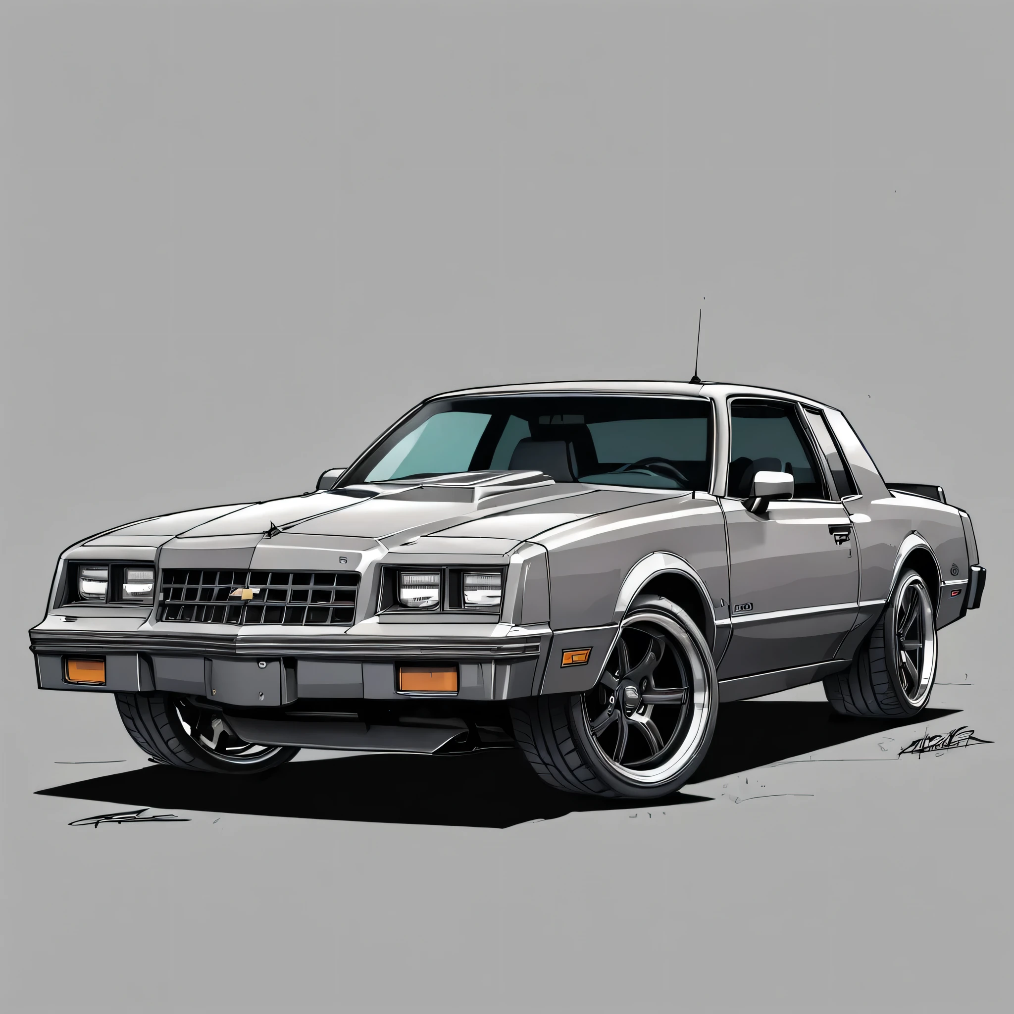  1986 Chevy monte carlo ss, pop art, cartoonish style ,detailed, illustration, slammed to the ground, large black staggered wheels, wide bodykit, masterpiece, highly detailed ((([simple grey background])))((pulp_comic, heavy_lines, hand_drawn, hand_inked, hand_colored, apxlz))