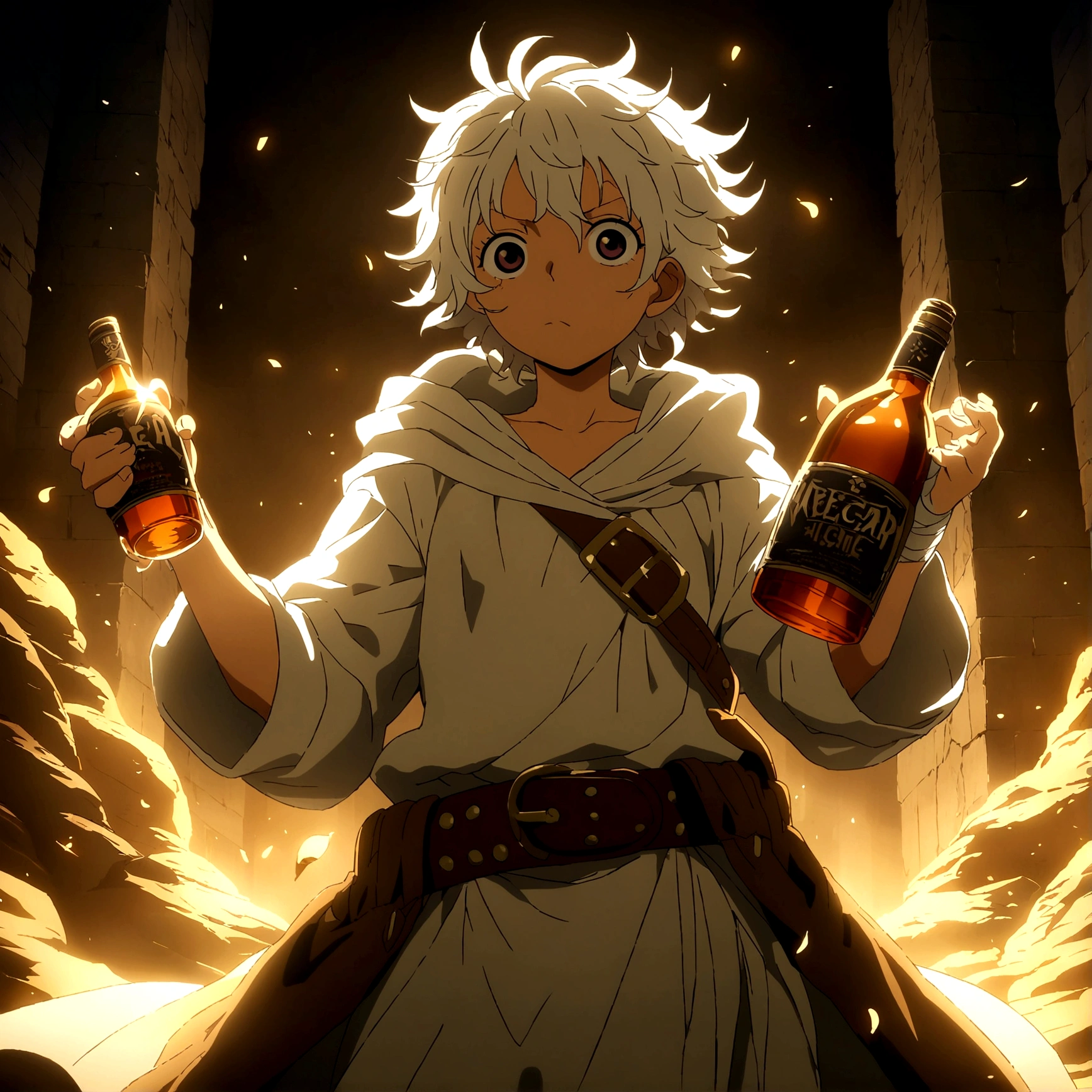 small human, beggar-like appearance, , messy hair, tired look due to drinking, hands wrapped in bandages, beggar's clothes with a short robe, carries a small leather bag attached to his belt with small bottles of liquor,"Anime design inspired by One Piece, filled with dramatic and impressive lighting, infused with creative details, ultra-fine 2D design, scenery bathed in creativity, boasting 2D anime resolution clarity, HD anime graphics, high-octane rendering"