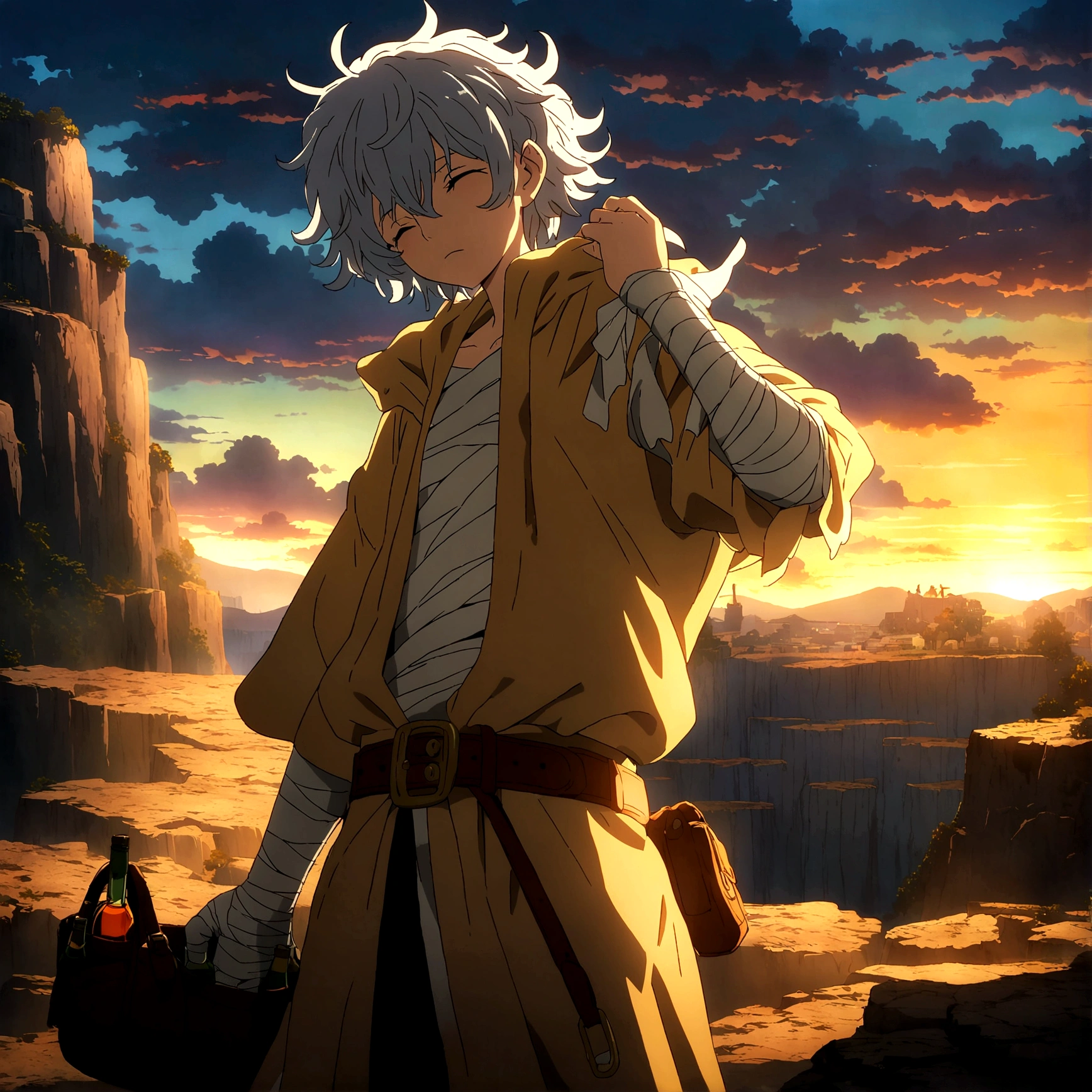small human, beggar-like appearance, , messy hair, tired look due to drinking, hands wrapped in bandages, beggar's clothes with a short robe, carries a small leather bag attached to his belt with small bottles of liquor,"Anime design inspired by One Piece, filled with dramatic and impressive lighting, infused with creative details, ultra-fine 2D design, scenery bathed in creativity, boasting 2D anime resolution clarity, HD anime graphics, high-octane rendering"